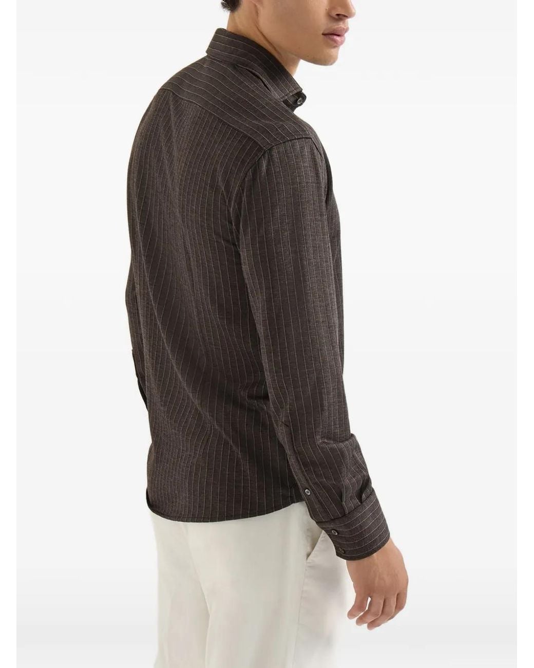Brunello Cucinelli Gray Virgin Wool, Silk And Cotton Chalk Stripe Piqué Shirt for men