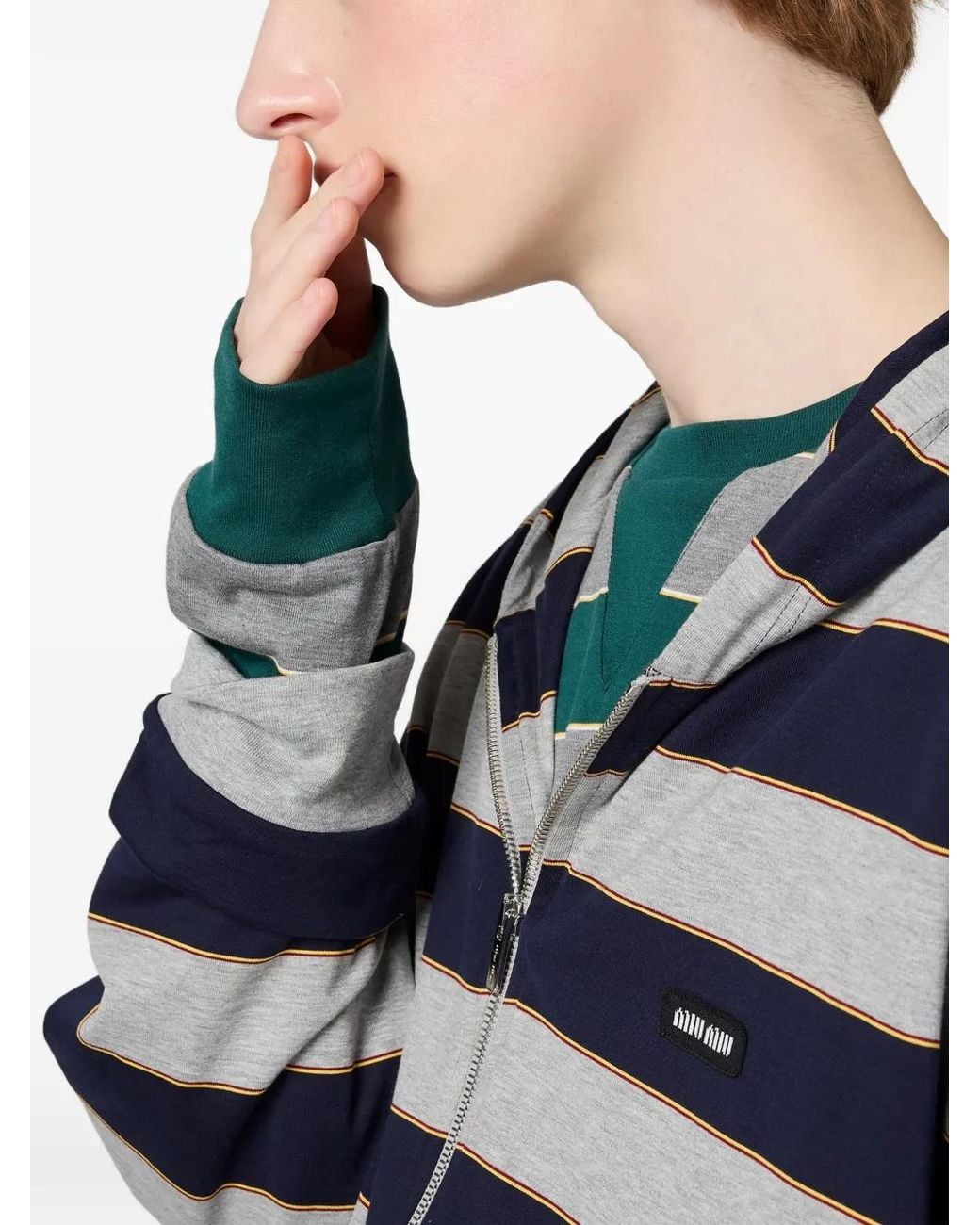 Miu Miu Green Striped Logo-Patch Sweatshirt