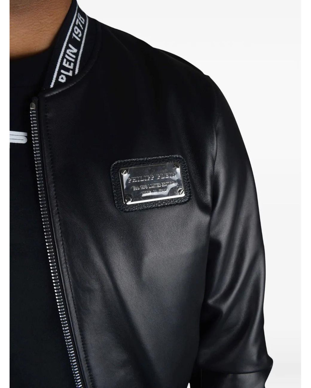 Philipp Plein Black Logo Leather Bomber Jacket for men