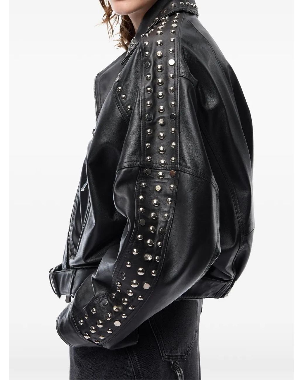 Pinko Black Nappa Leather Biker-Style Jacket With Studs