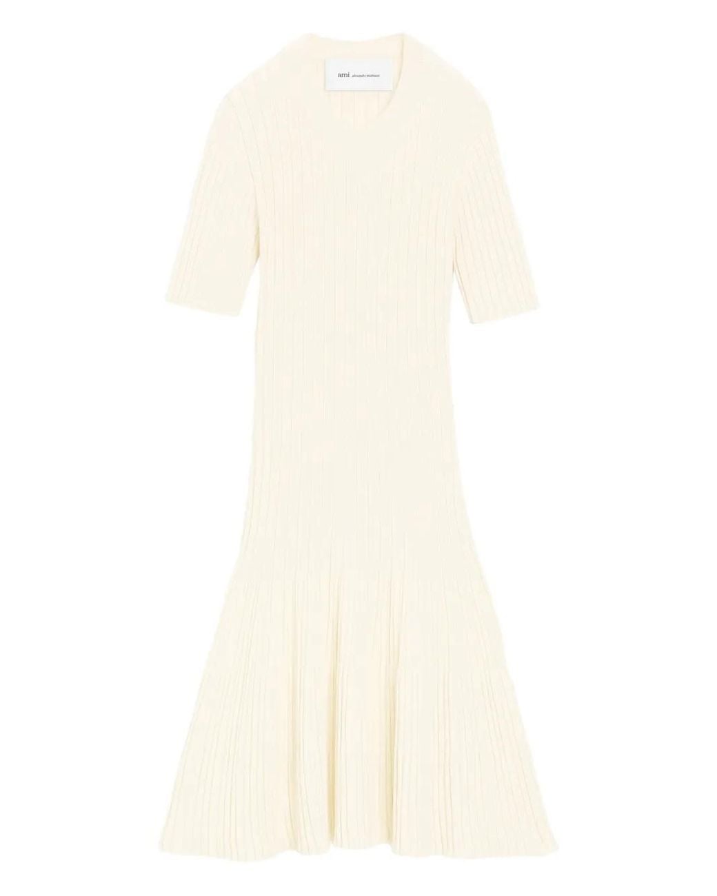 AMI White Knit Mini Godet Dress