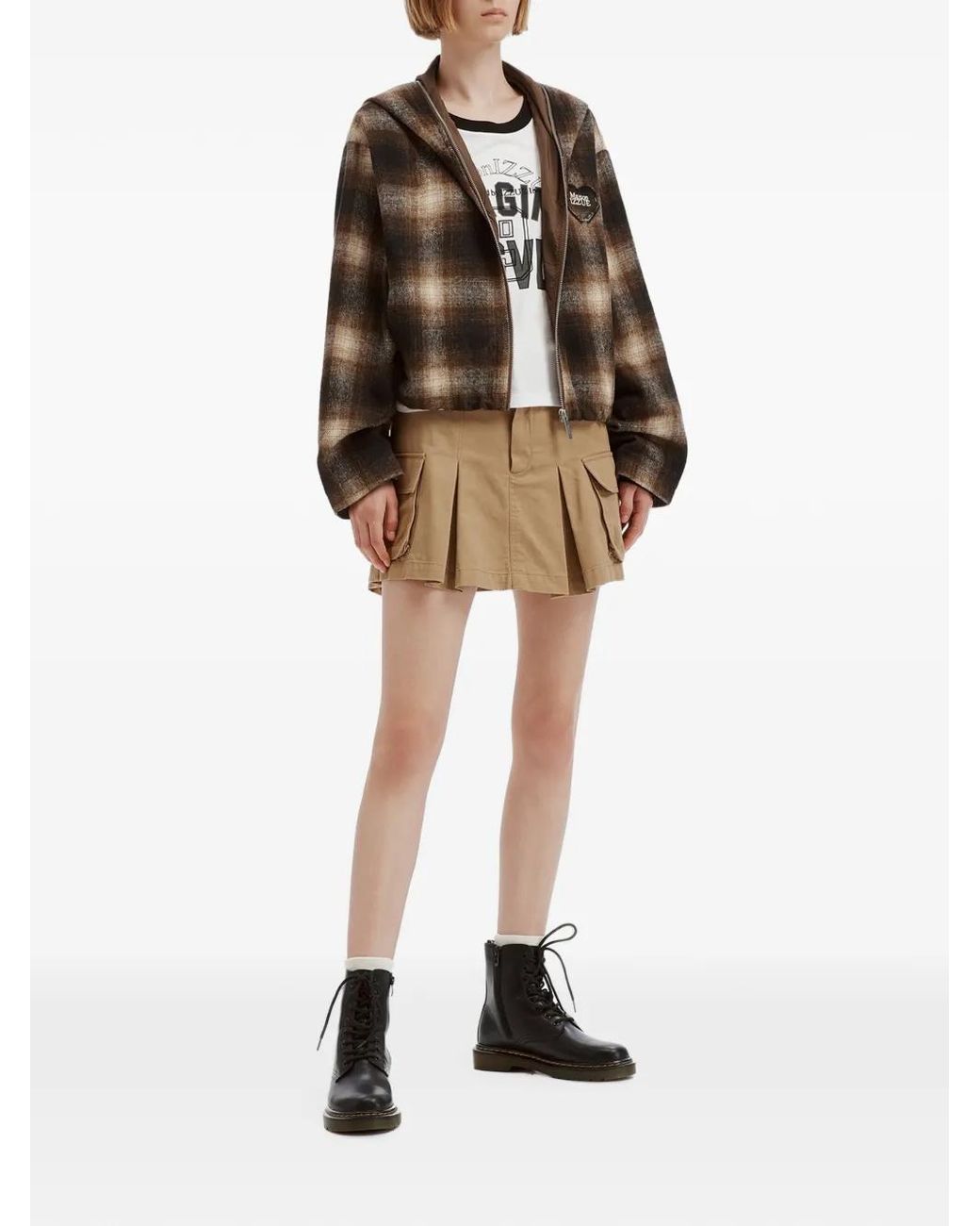 Izzue Brown Check-Pattern Heart-Patch Cropped Jacket