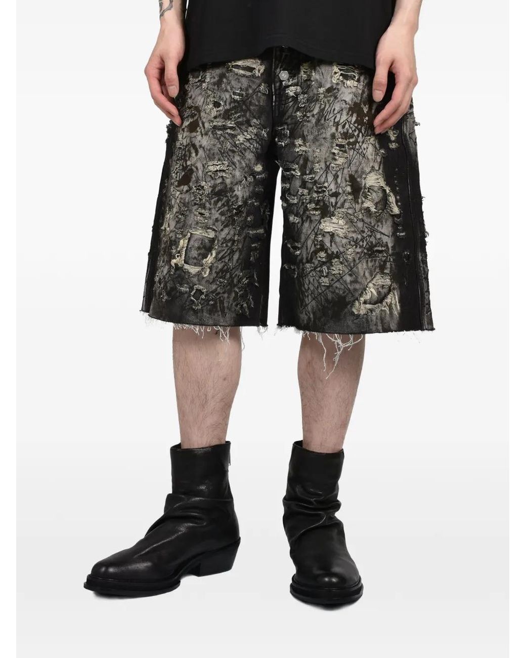 THUG CLUB Gray Washed Distressed Denim Shorts for men