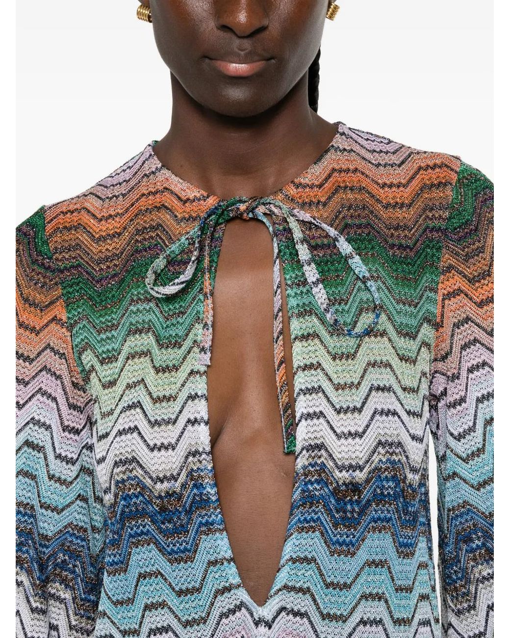Missoni Blue Long Dress With Greek Motif And Deep V-Neck