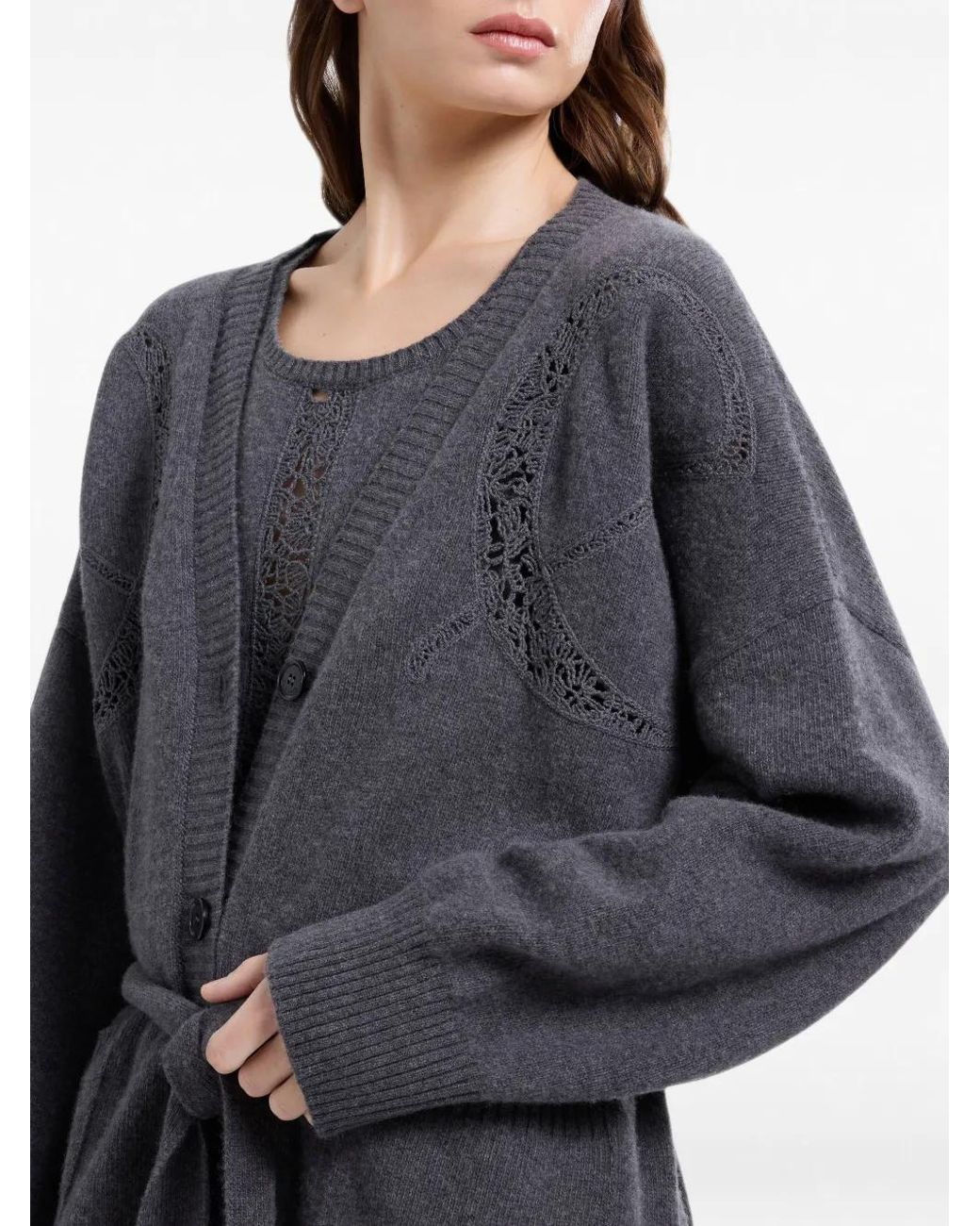 Elie Saab Gray Lace-Panel Belted Cardigan