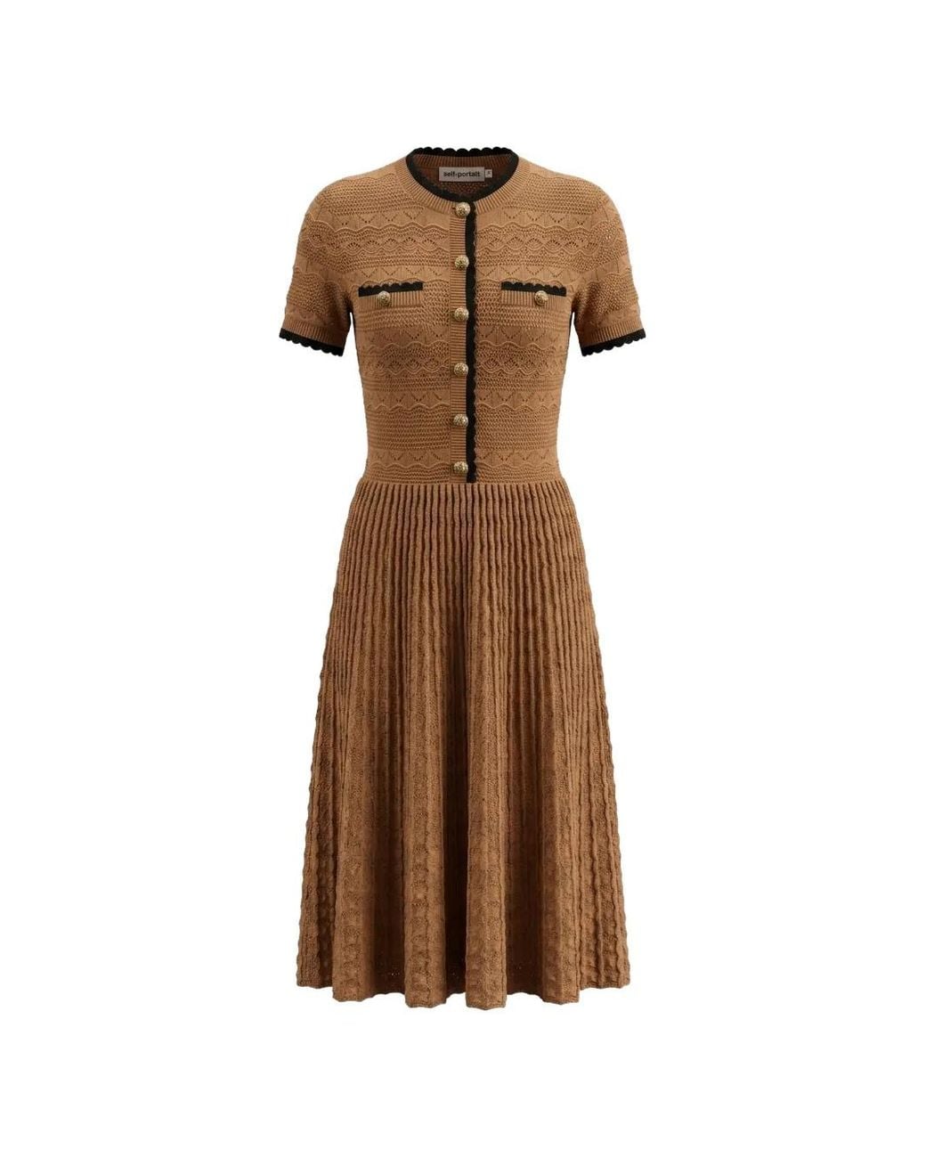 Self-Portrait Brown Pointelle-Knit Scalloped-Trim Midi Dress