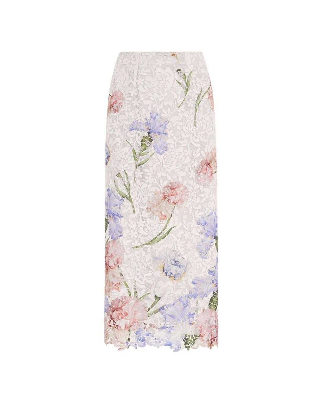 Oscar de la Renta White Iris-Print Lace Midi Pencil Skirt