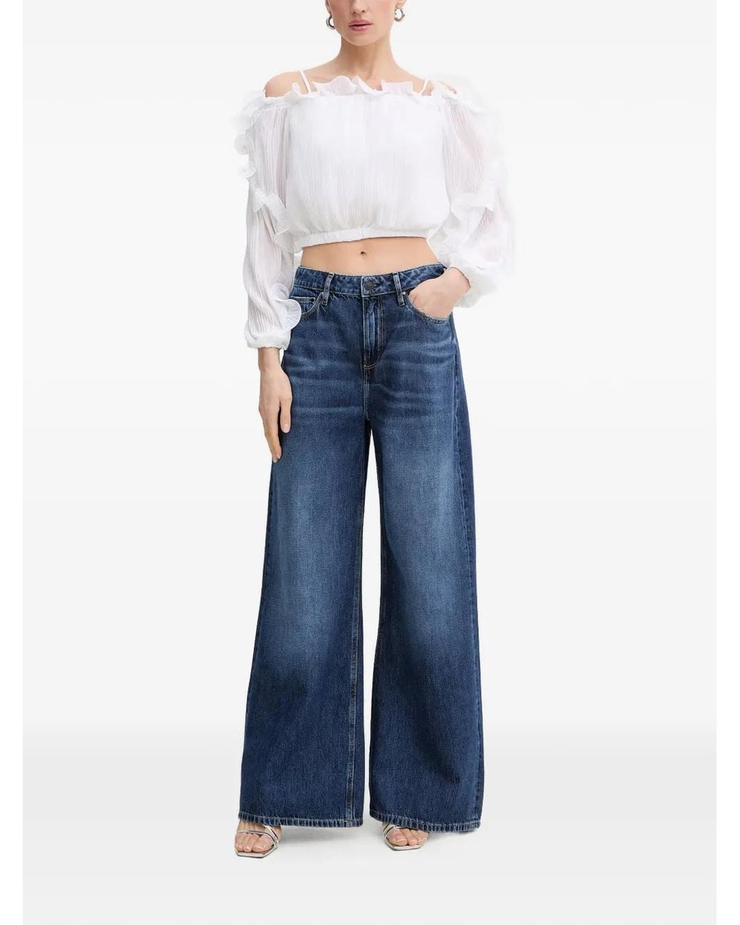 Guess White Gabriella Ruffled-Trim Blouse