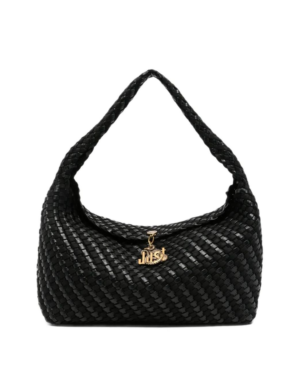 Just Cavalli Black Woven Logo-Charm Shoulder Bag