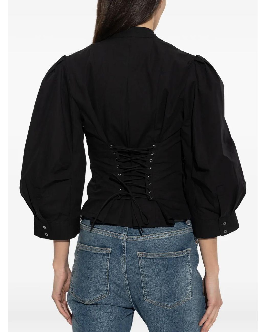 AllSaints Black Maud Button-Fastening Puff-Sleeve Top