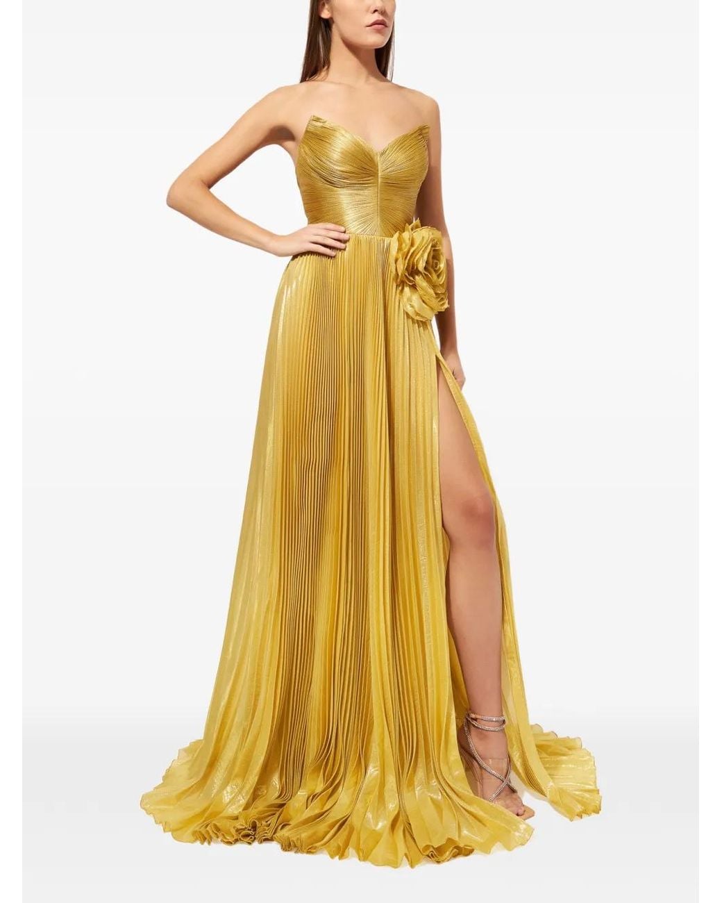 IRIS SERBAN Yellow Mey Floral-Appliqué Pleated Gown