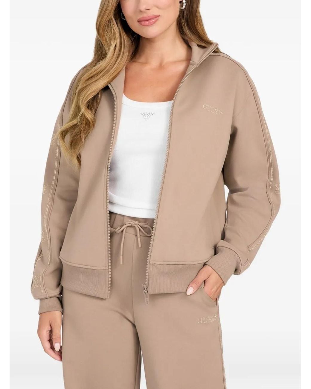 Guess Natural Octavia Rhinestone-Embellished Zip-Up Hoodie