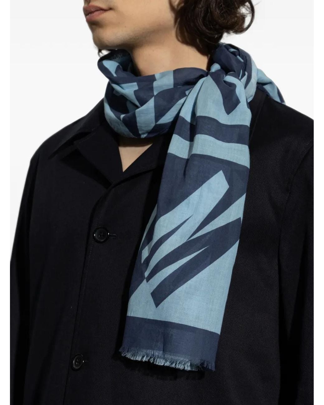 Moschino Blue Logo-Print Frayed Scarf