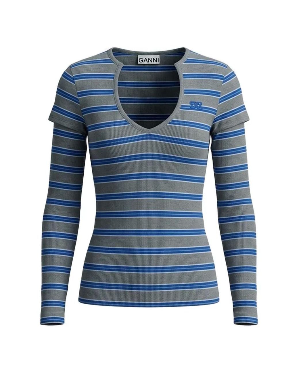 Ganni Blue Striped Ribbed-Knit Top