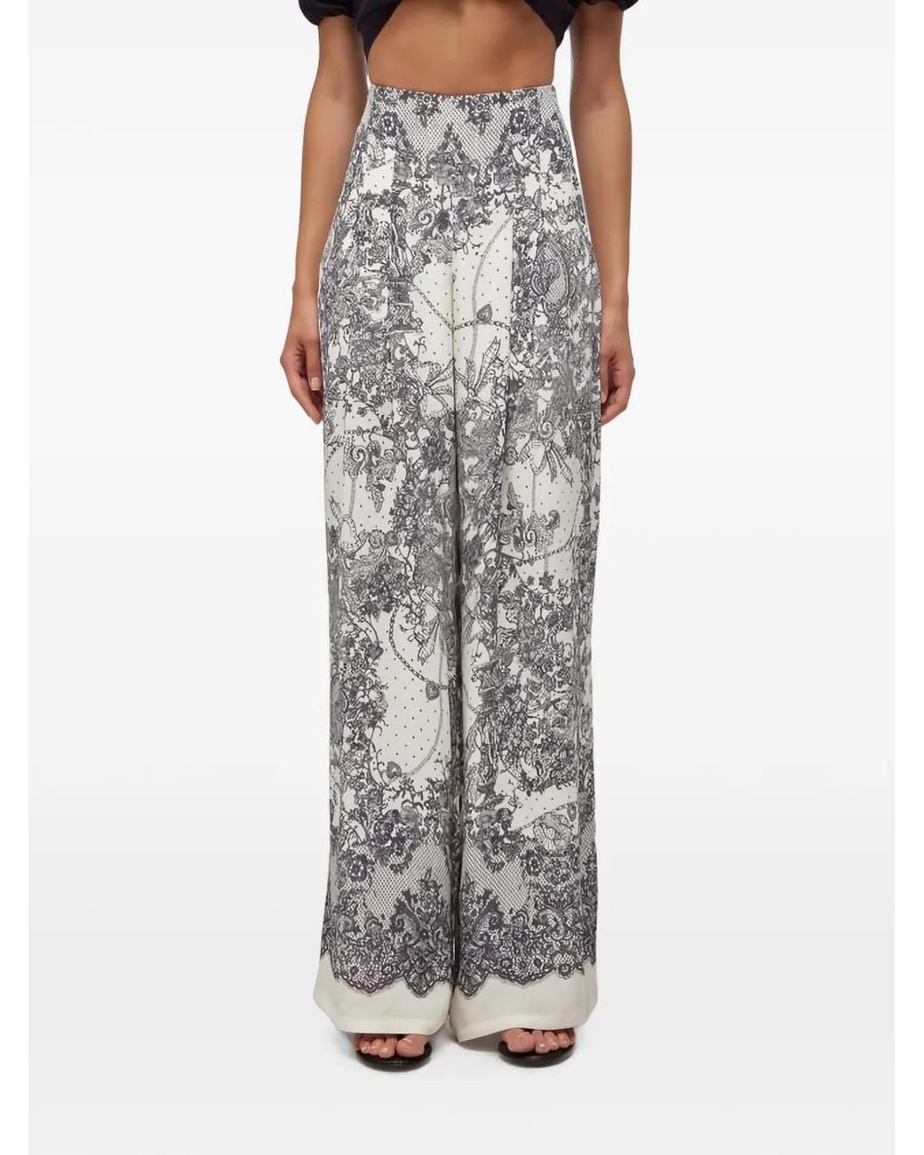Blugirl Blumarine Gray Lace-Print Palazzo Pants