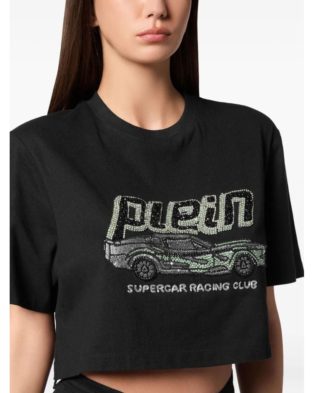 Philipp Plein Black Car Cropped T-Shirt