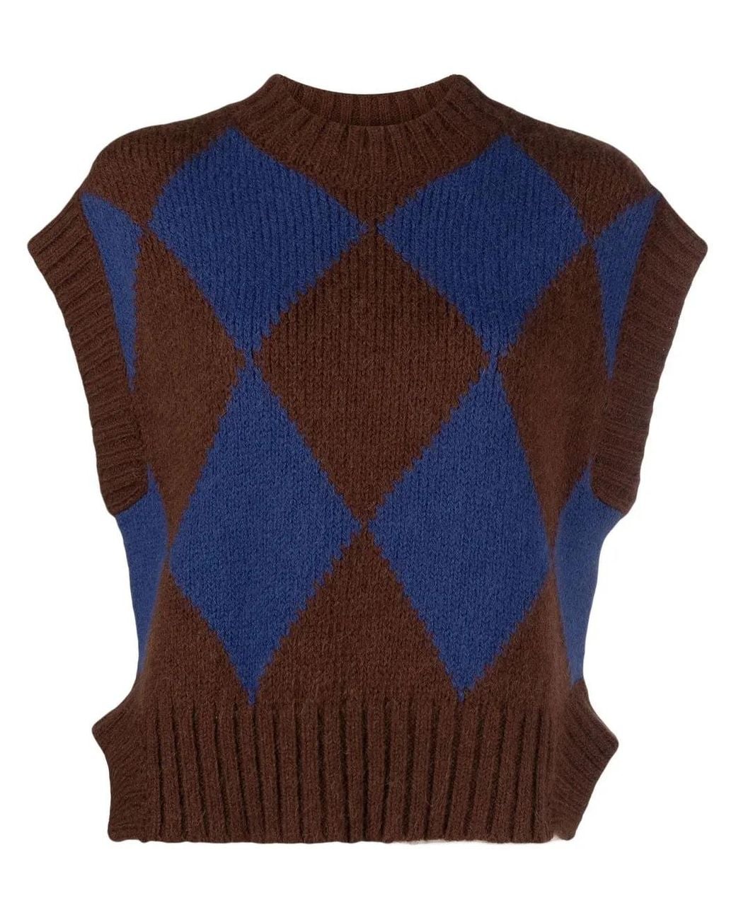 LaDoubleJ Blue Argyle-Check Knitted Vest