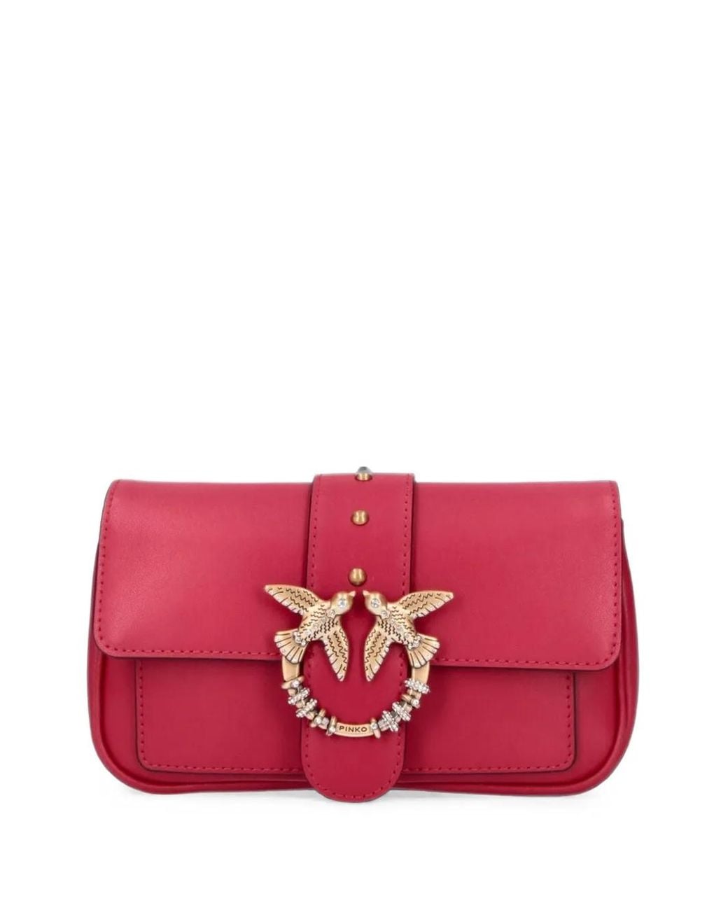 Pinko Red Love Bag Pocket Small Leather Shoulder Bag With Jewel Buckle