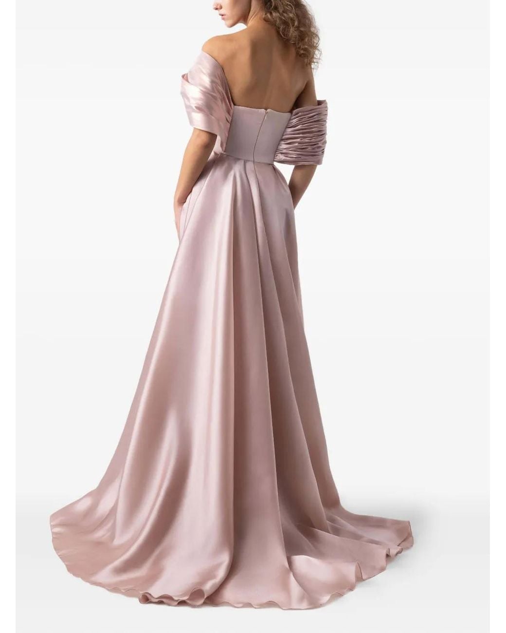 Gaby Charbachy Pink Pleated Off-Shoulder Evening Gown