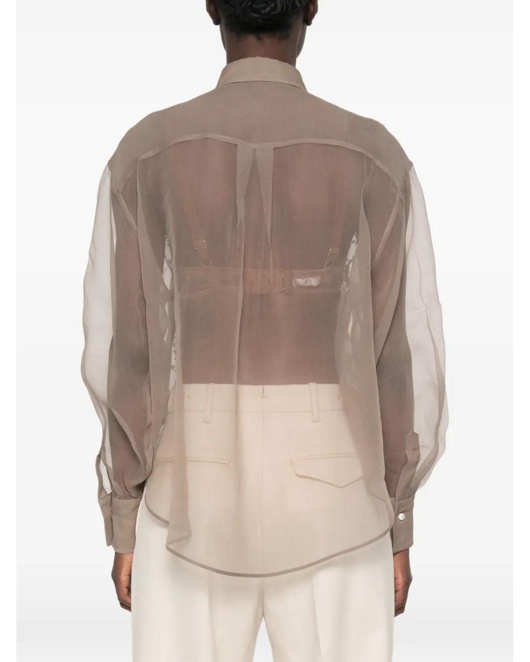 Brunello Cucinelli Brown Sequin-Embellished Semi-Sheer Shirt