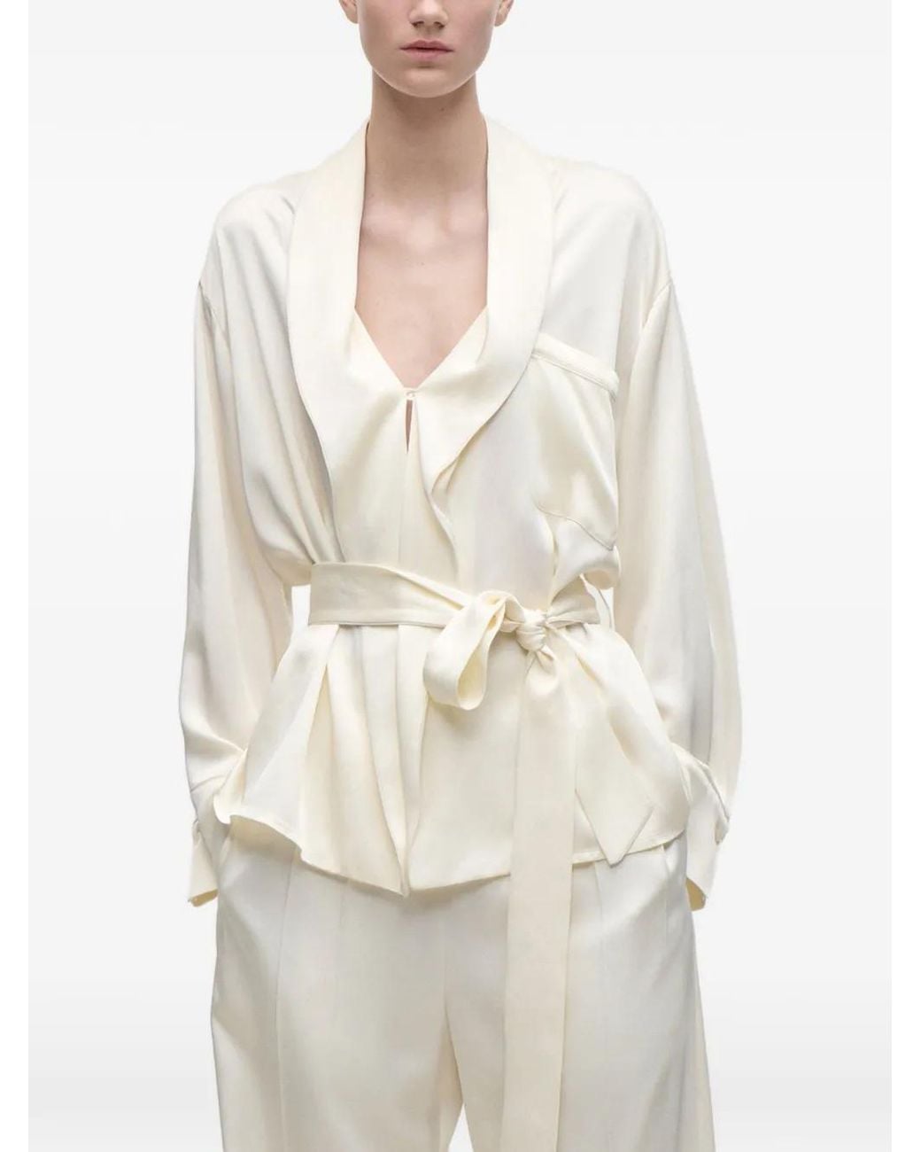 Victoria Beckham White Ivory Crepe-Back Satin Alba Blouse With Belt