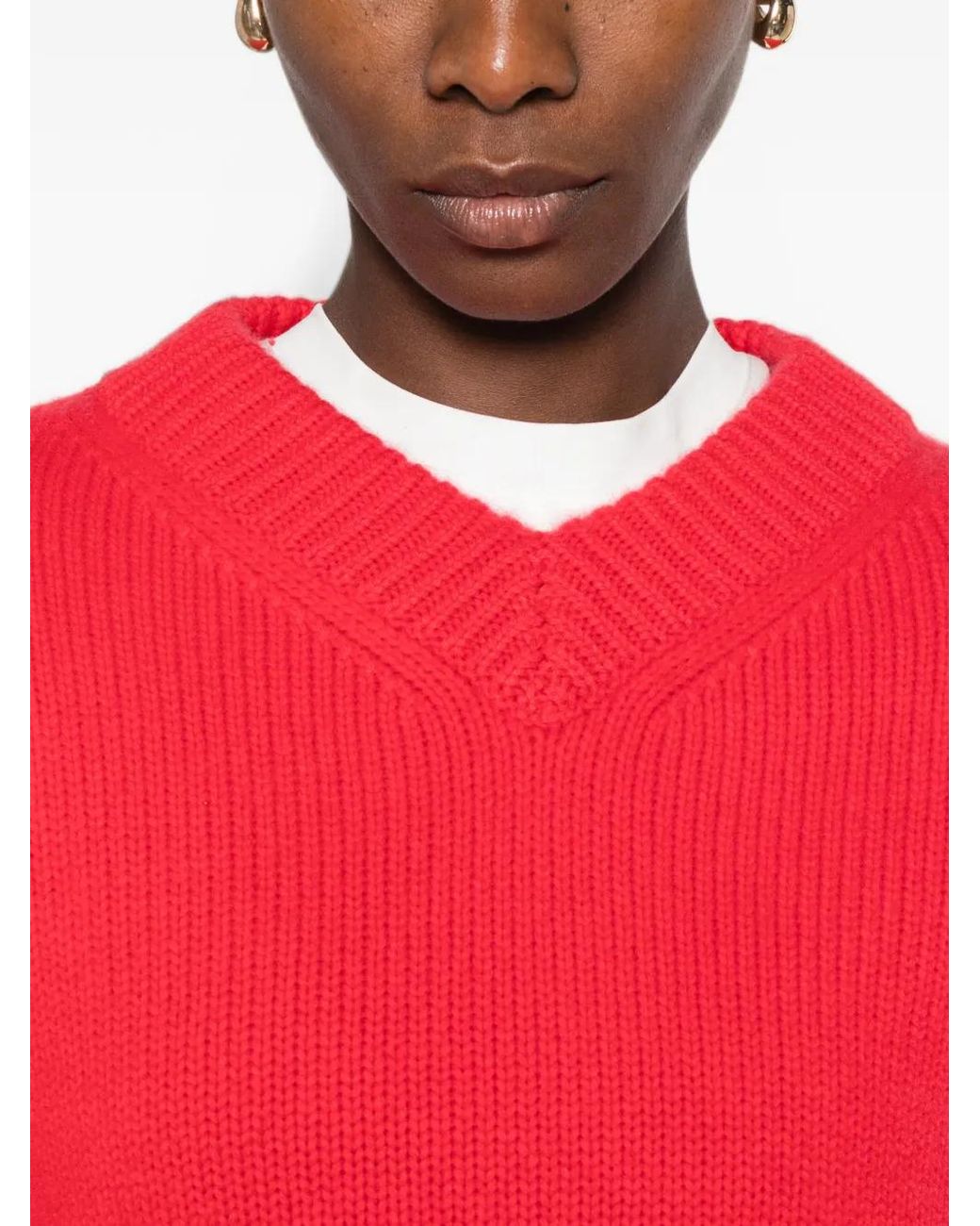 Soft Goat Red Ribbed V-Neck Sweater