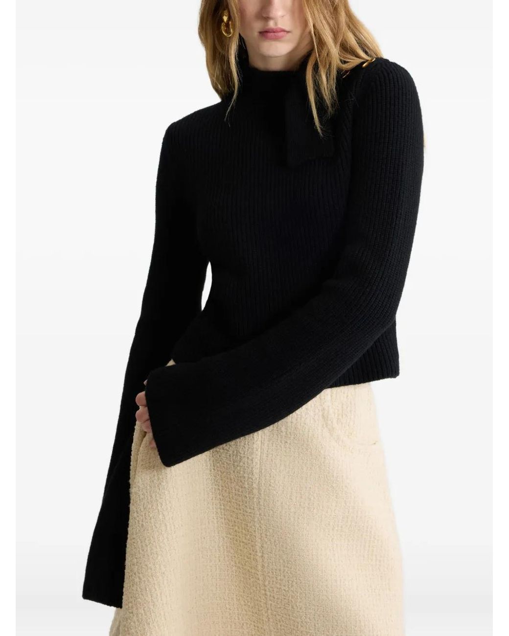 Patou Black Ribbed Knit Cropped Sweater