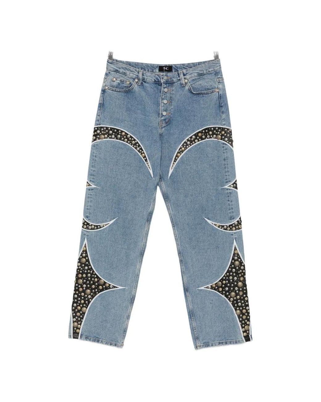 THUG CLUB Blue Studded Straight-Leg Jeans for men