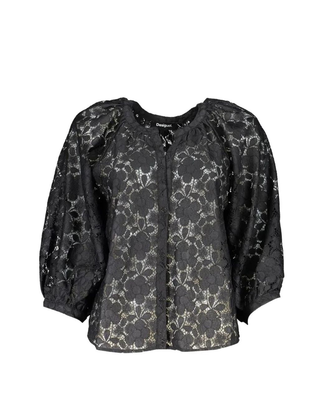 Desigual Black Floral-Lace Puff-Sleeve Blouse