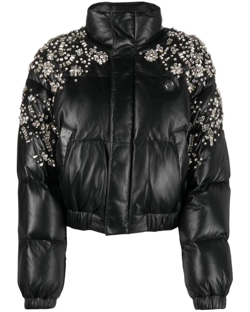 Philipp Plein Black Crystal-Embellished Leather Puffer Jacket