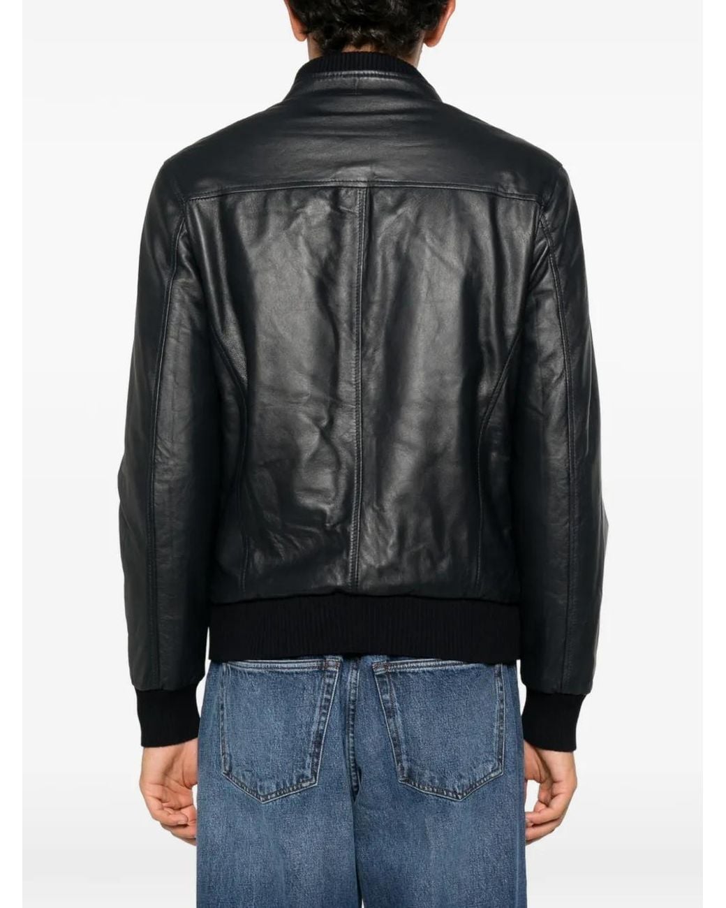 Arte' Black Ribbed-Trim Leather Jacket for men