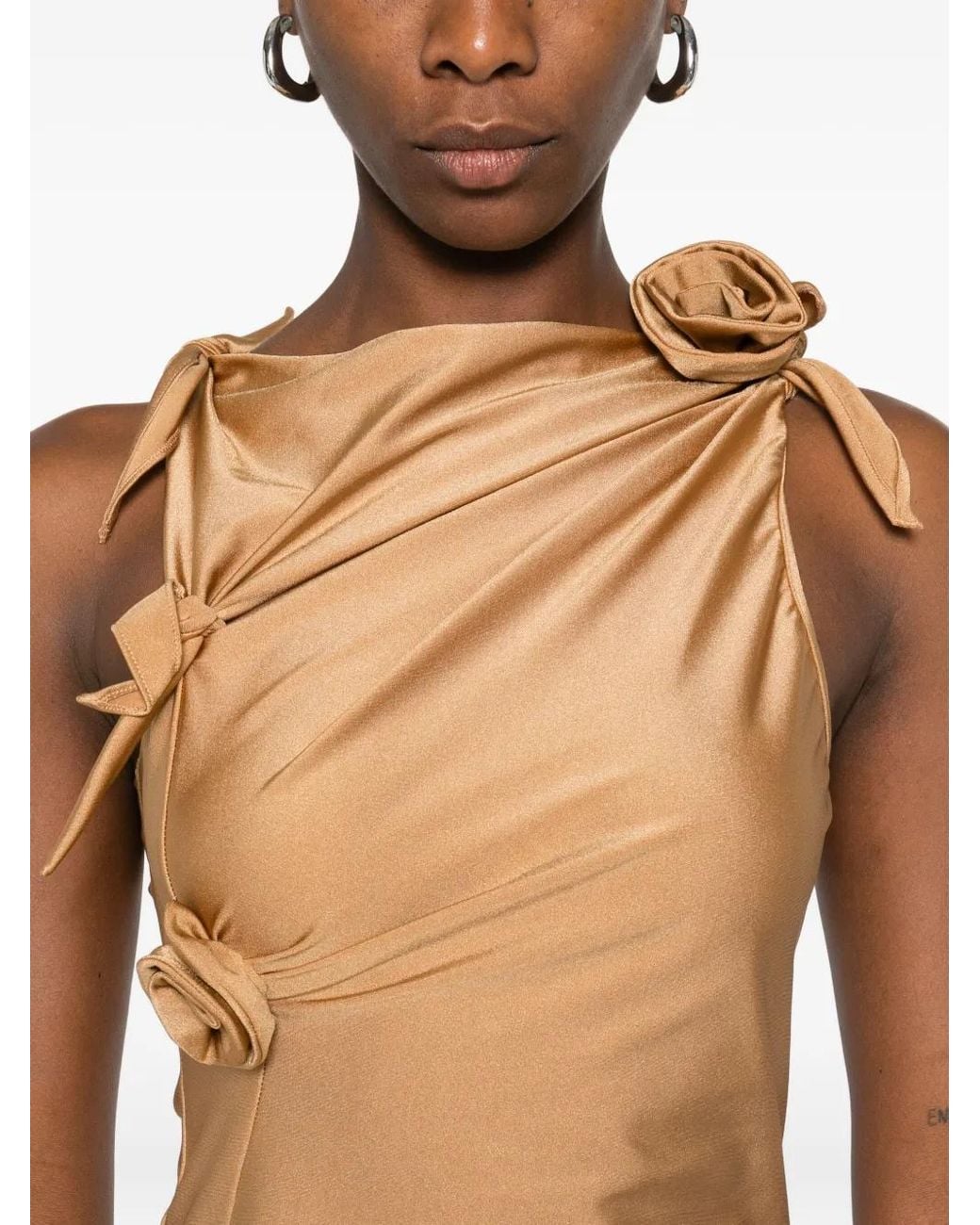 Coperni Natural Asymmetric Rose-Embellished Knotted Blouse