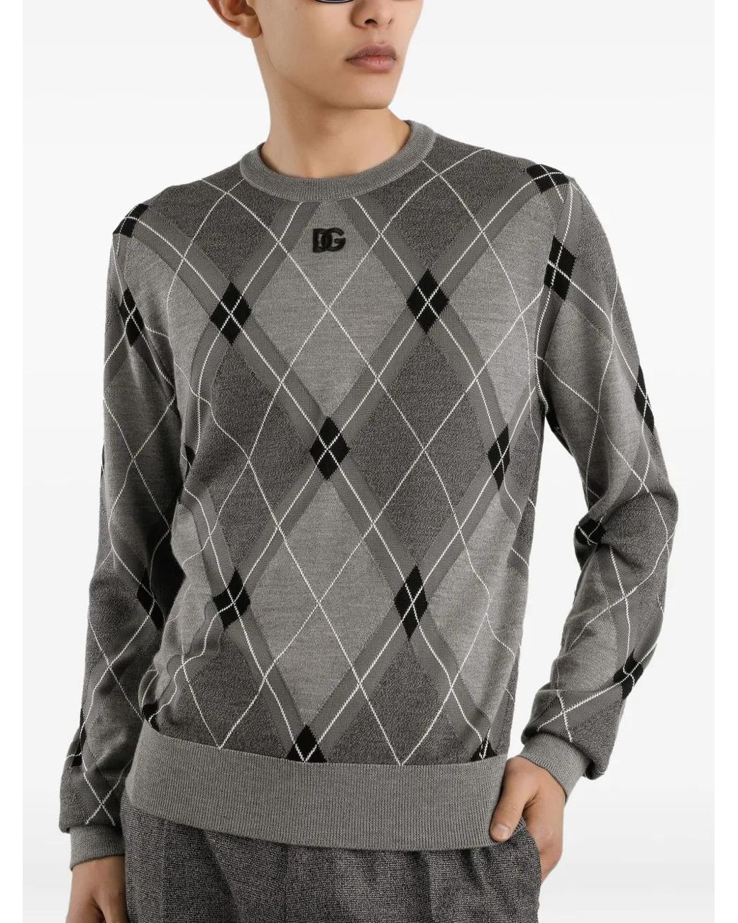Dolce & Gabbana Gray Argyle-Pattern Logo-Detail Sweater for men