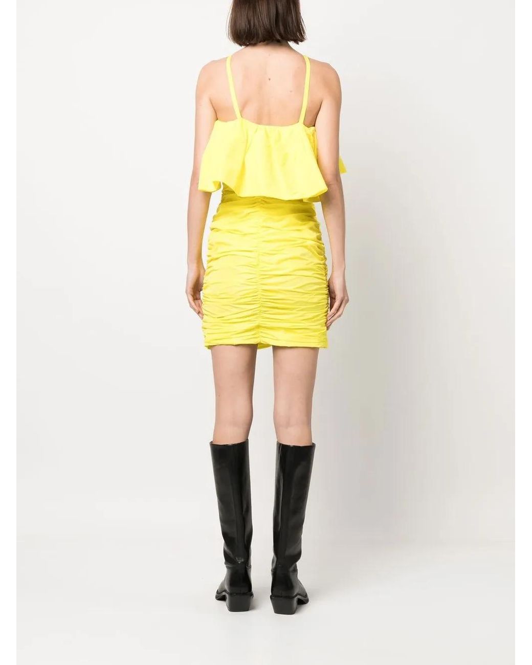 MSGM Yellow Ruched Ruffle-Trim Mini Dress