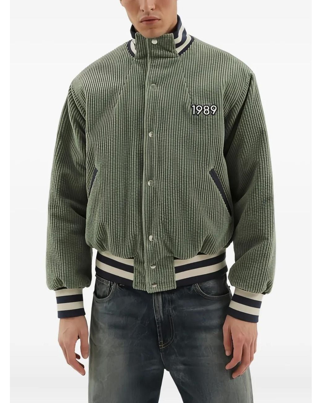 1989 STUDIO Green Corduroy Embroidered Bomber Jacket for men