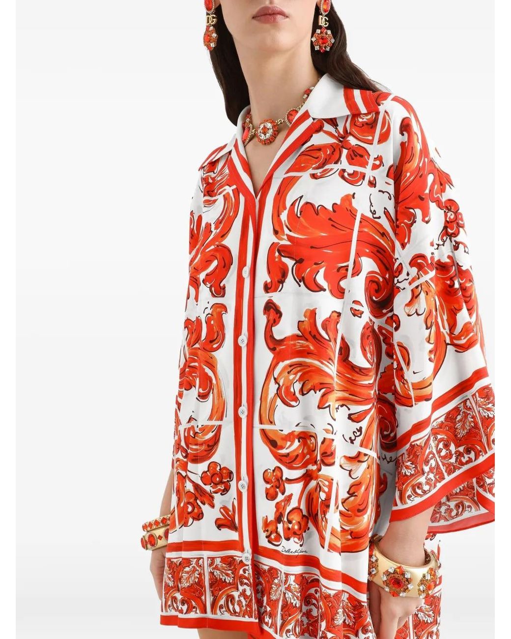 Dolce & Gabbana Red Majolica-Print Charmeuse Shirt