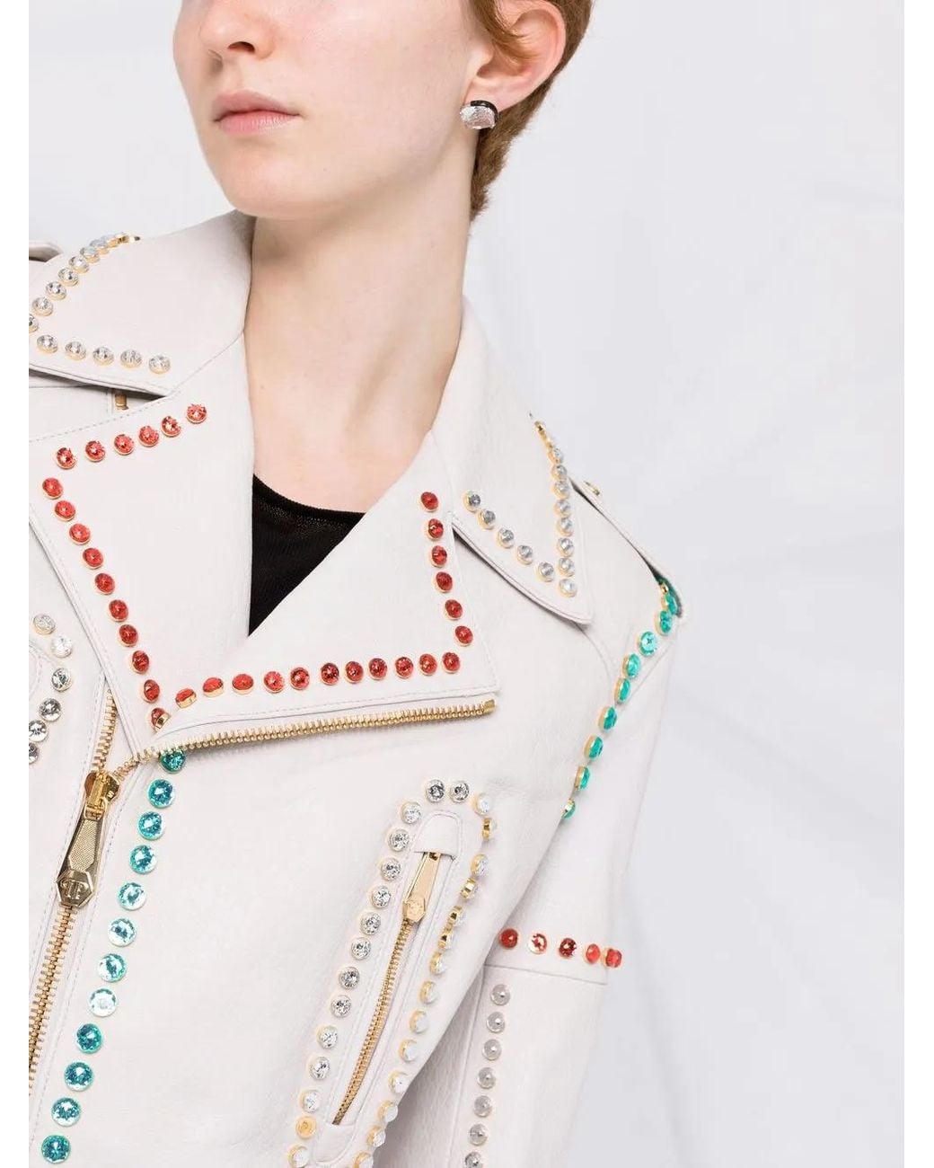 Philipp Plein White Crystal-Trim Studded Cropped Biker Jacket