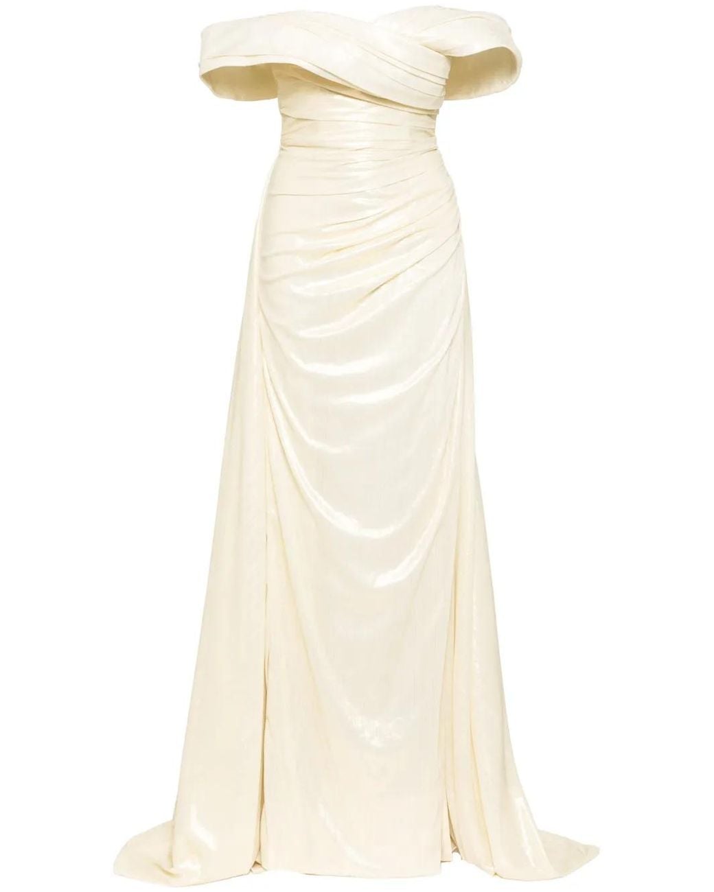 Saiid Kobeisy Natural Lamé Off-Shoulder Dress
