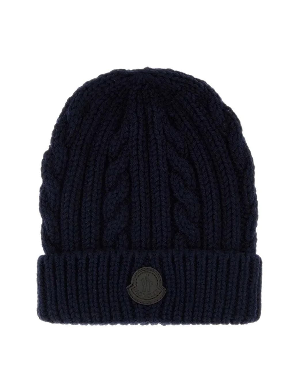 Moncler Blue Leather Logo Wool Beanie for men