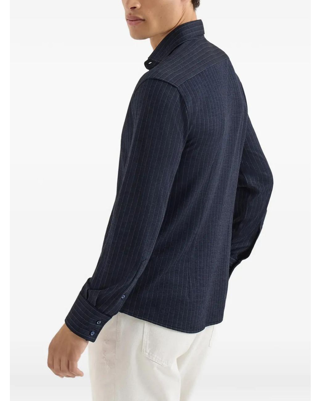 Brunello Cucinelli Blue Virgin Wool, Silk And Cotton Chalk Stripe Piqué Shirt for men