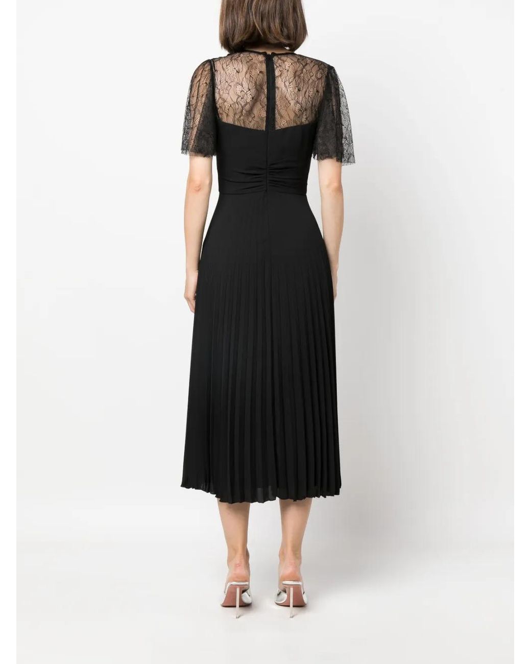 Nissa Black Lace-Detail Pleated Midi Dress