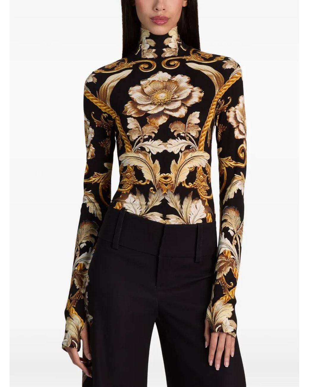 Alice + Olivia Black Delaina Floral-Print Long-Sleeve Top
