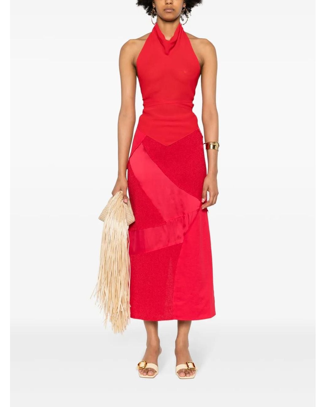 Cult Gaia Red Patchwork Midi Skirt