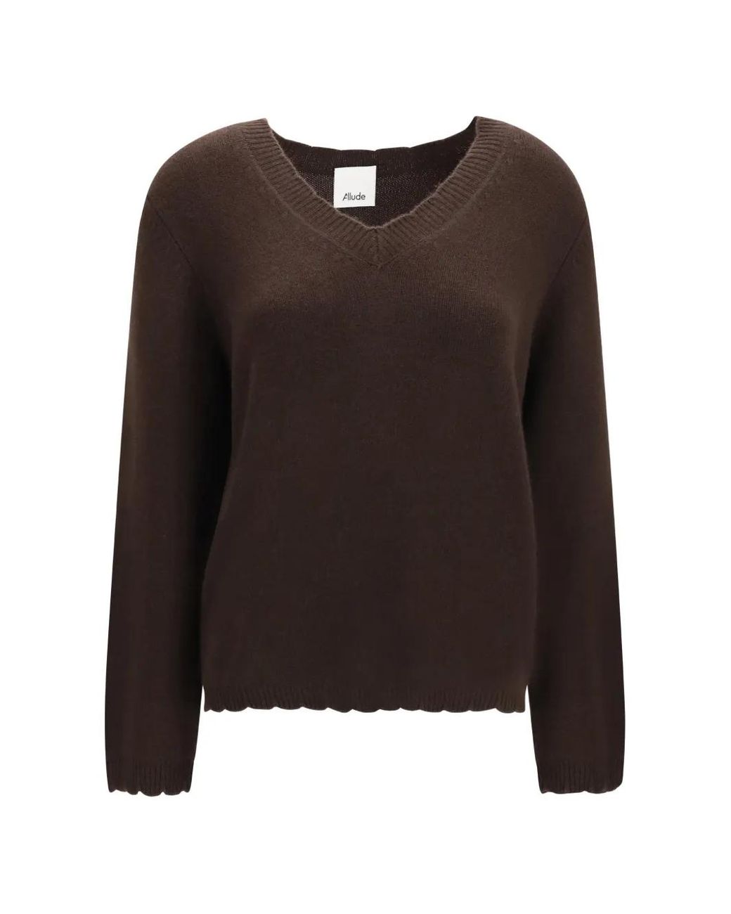Allude Brown V-Neck Ribbed-Trim Sweater