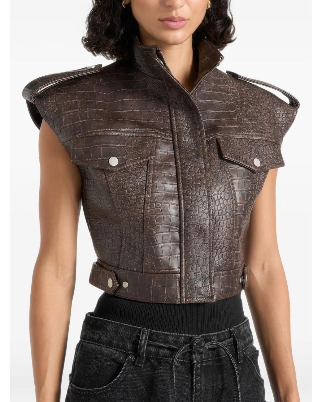 Manière De Voir Black Imelda Croc Embossed Wide Shoulder Sleeveless Jacket