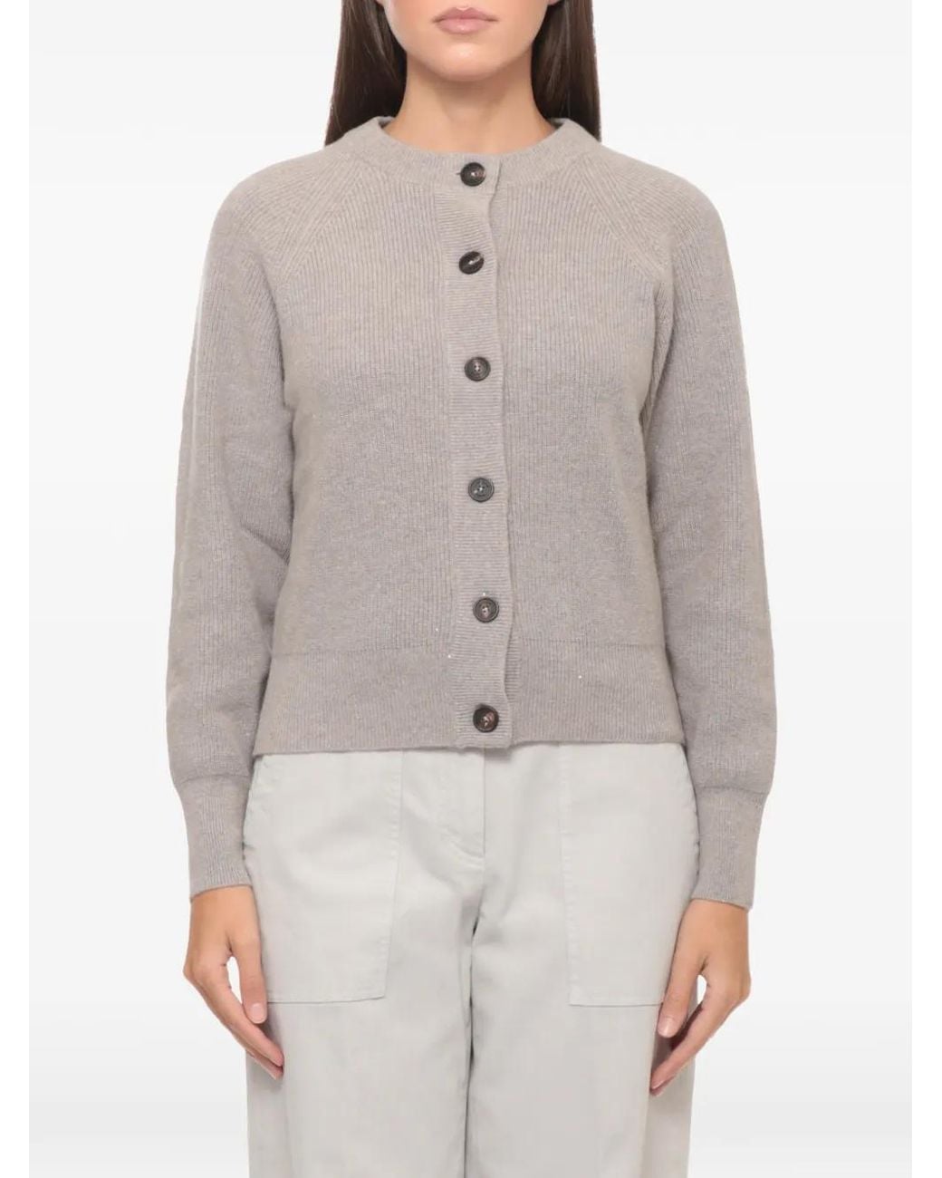 Panicale Gray Shiny Sequin-Embellished Ribbed Cardigan