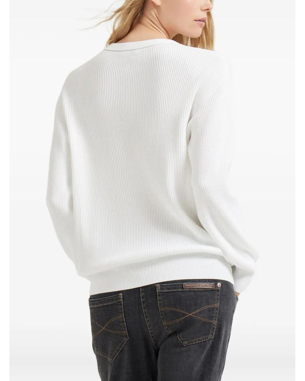 Brunello Cucinelli White Cotton English Rib Sweater With Monili