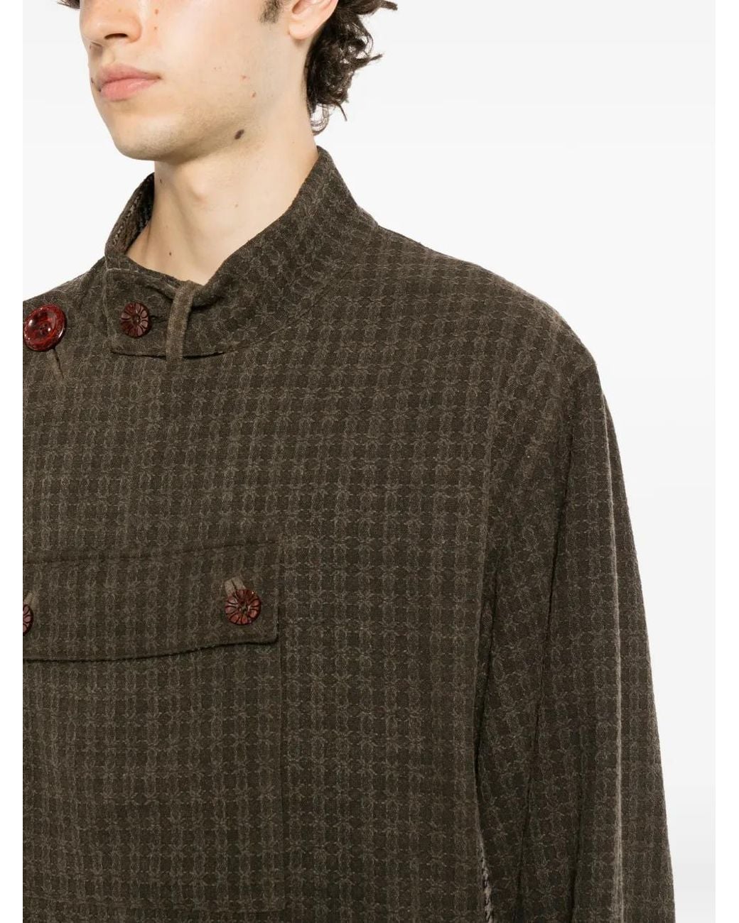 Commun's Brown Button-Embellished Checked Jacket for men