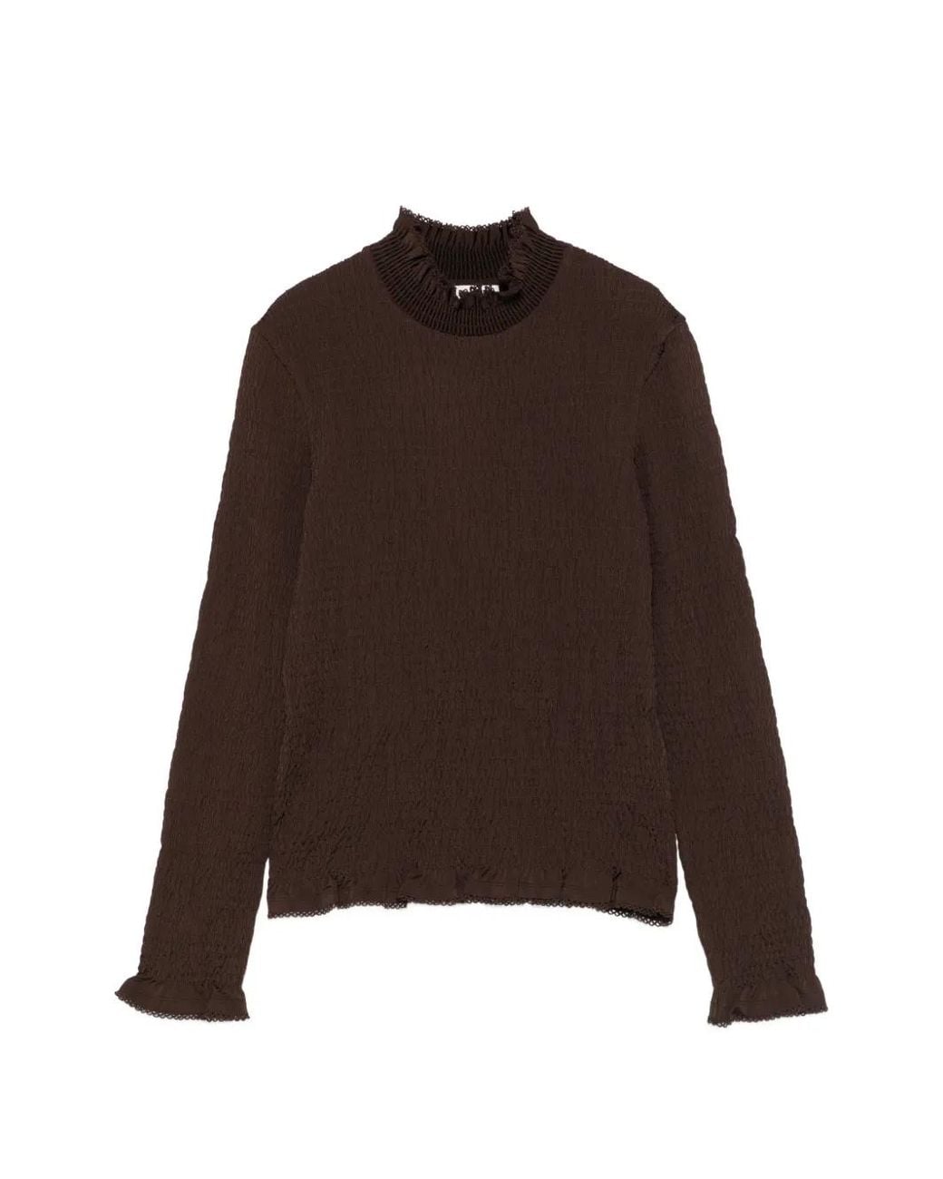 Sandro Brown Smocked T-Shirt With Ruffle Collar