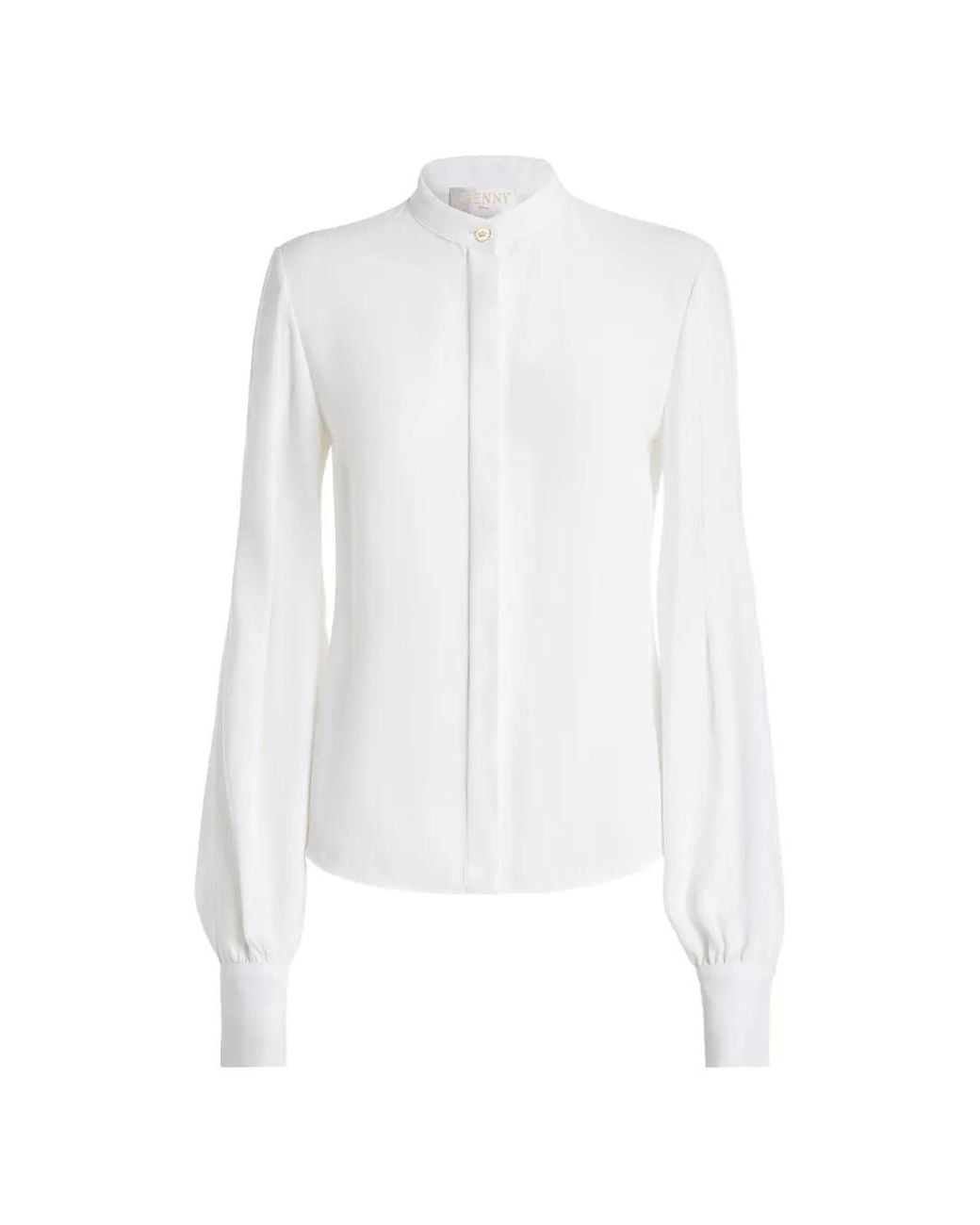 Genny White Mandarin-Collar Long-Sleeve Shirt